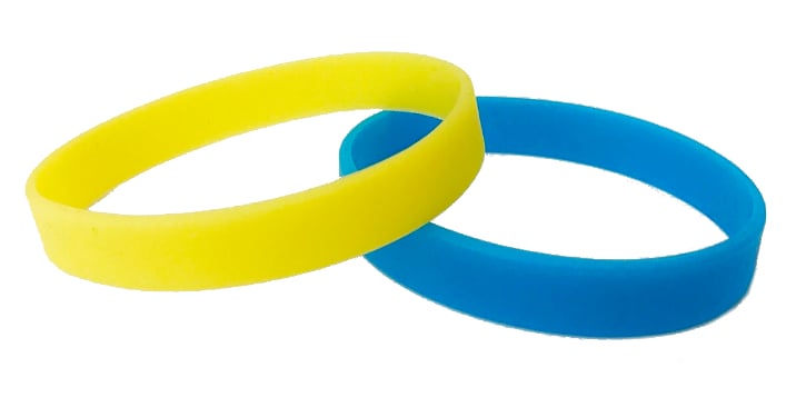 Blue and yellow blank wristbands.